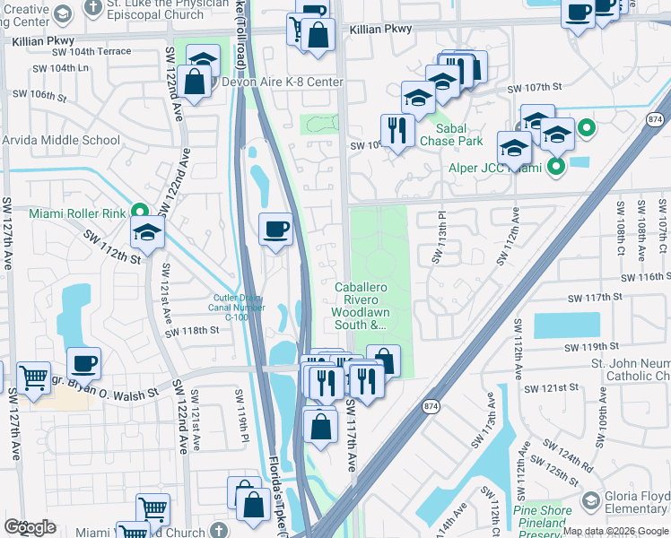 map of restaurants, bars, coffee shops, grocery stores, and more near 11709 Southwest 114th Terrace in Miami