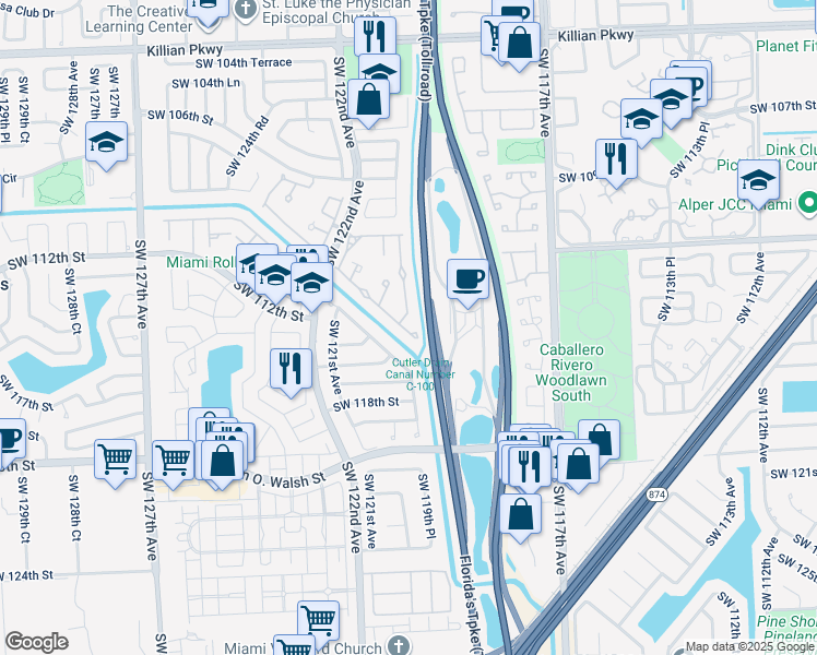 map of restaurants, bars, coffee shops, grocery stores, and more near 12020 Southwest 110th Street Circle East in Miami