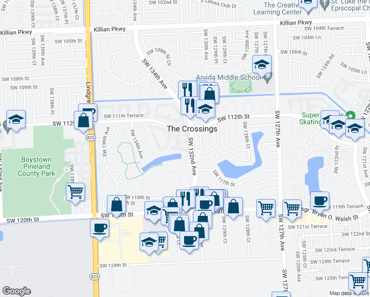 map of restaurants, bars, coffee shops, grocery stores, and more near 13235 Southwest 114th Terrace in Miami