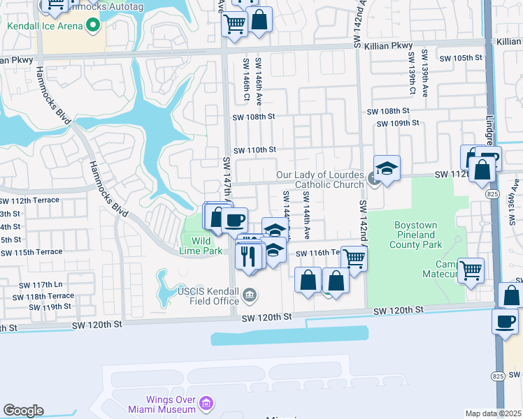 map of restaurants, bars, coffee shops, grocery stores, and more near 11310 Southwest 145th Avenue in Miami