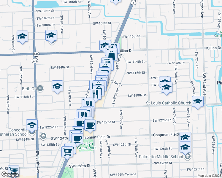 map of restaurants, bars, coffee shops, grocery stores, and more near 11713 Southwest 81st Road in Miami