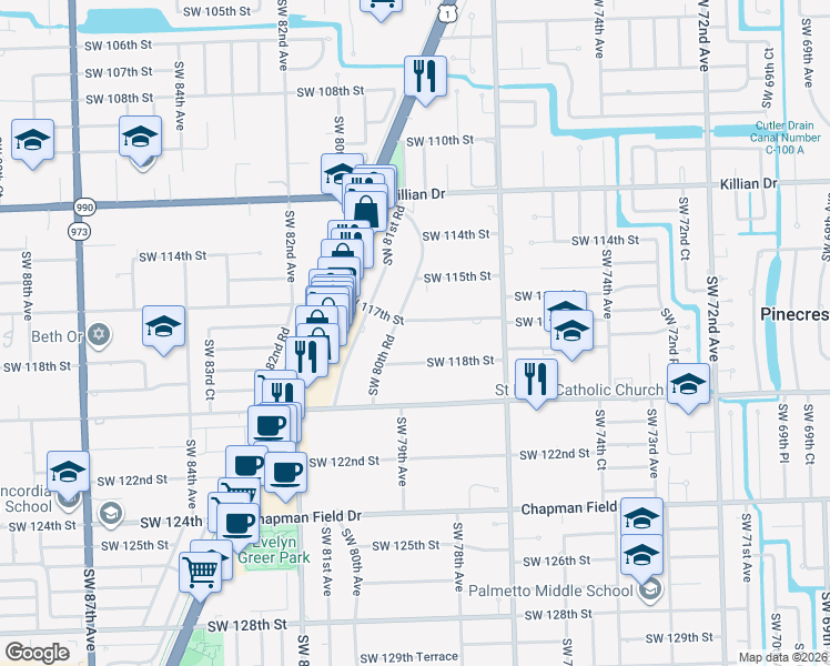 map of restaurants, bars, coffee shops, grocery stores, and more near 7840 Southwest 117th Street in Miami