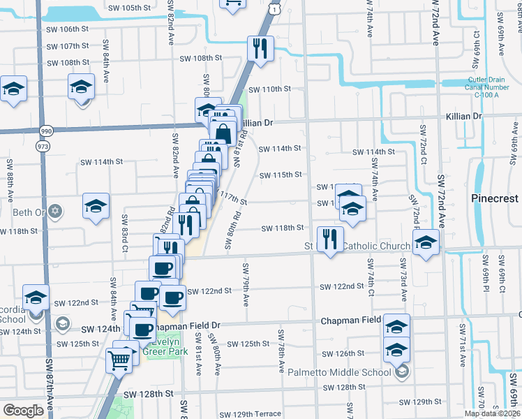 map of restaurants, bars, coffee shops, grocery stores, and more near 7840 Southwest 117th Street in Miami