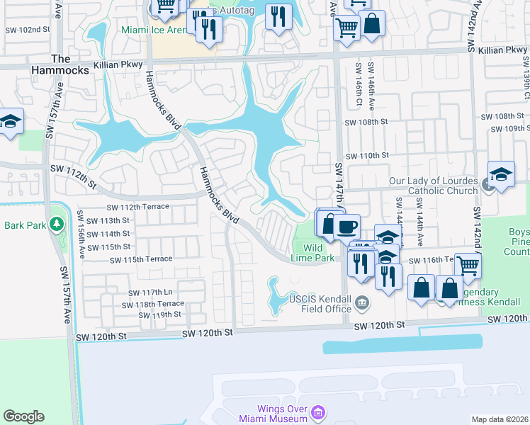 map of restaurants, bars, coffee shops, grocery stores, and more near 14986 Southwest 113th Street in Miami