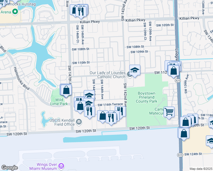 map of restaurants, bars, coffee shops, grocery stores, and more near 14353 Southwest 113th Terrace in Miami