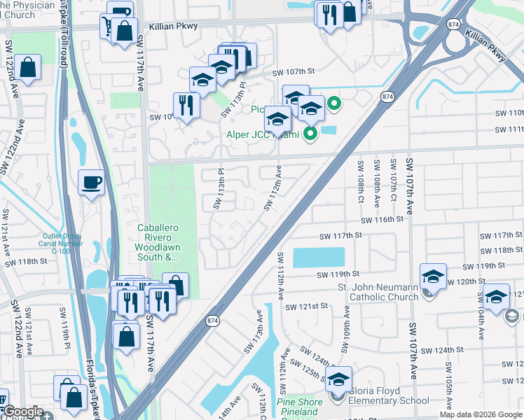 map of restaurants, bars, coffee shops, grocery stores, and more near 11195 Southwest 115th Terrace in Miami