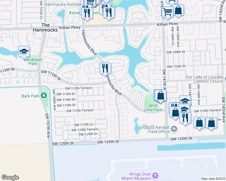 map of restaurants, bars, coffee shops, grocery stores, and more near 11282 Southwest 151st Place in Miami