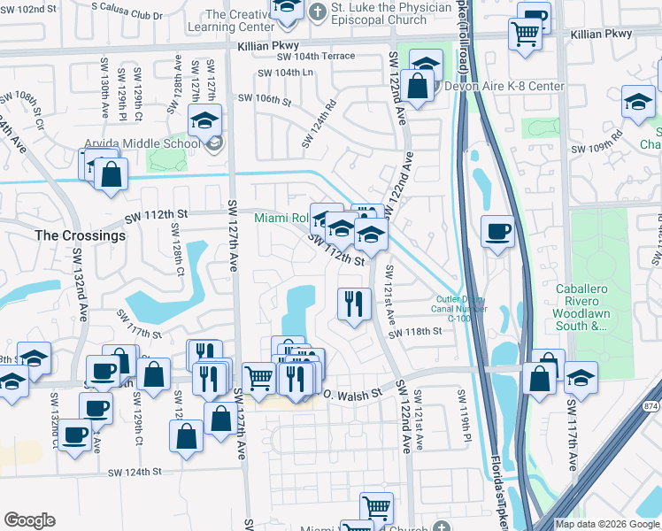map of restaurants, bars, coffee shops, grocery stores, and more near 11304 Southwest 123rd Avenue in Miami