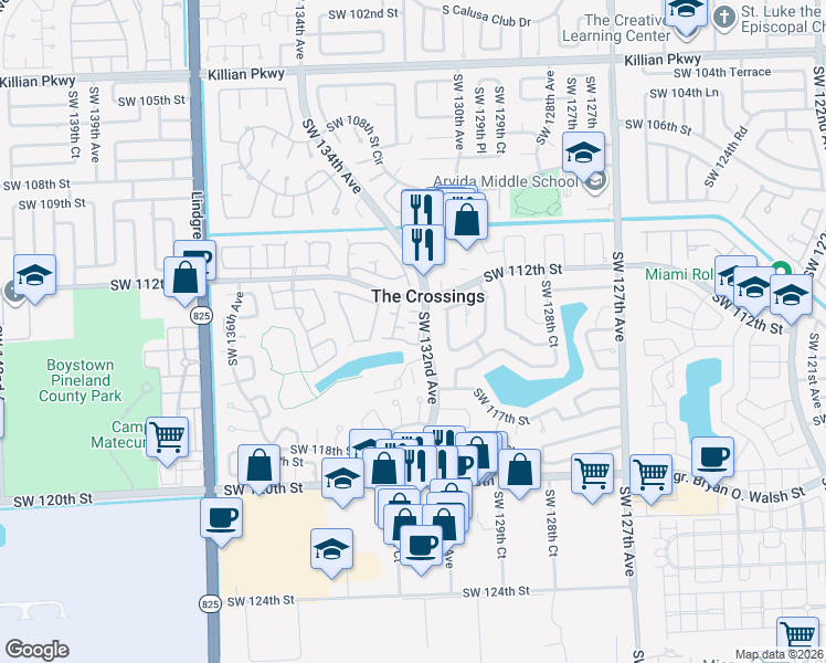 map of restaurants, bars, coffee shops, grocery stores, and more near 13252 Southwest 113th Terrace in Miami