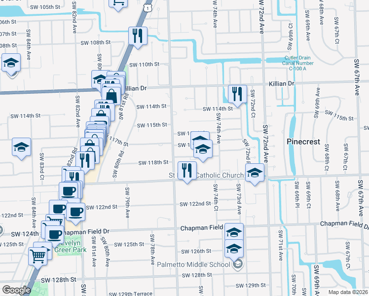 map of restaurants, bars, coffee shops, grocery stores, and more near 7600 Southwest 117th Street in Miami
