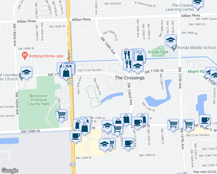 map of restaurants, bars, coffee shops, grocery stores, and more near 11342 Southwest 133rd Court in Miami