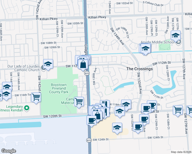 map of restaurants, bars, coffee shops, grocery stores, and more near 13594 Southwest 113th Terrace in Miami