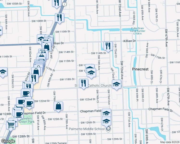 map of restaurants, bars, coffee shops, grocery stores, and more near 7480 Southwest 117th Street in Pinecrest