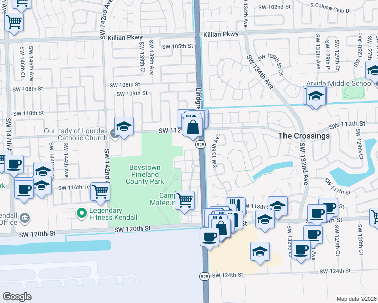 map of restaurants, bars, coffee shops, grocery stores, and more near 13733 Southwest 134th Court in Miami
