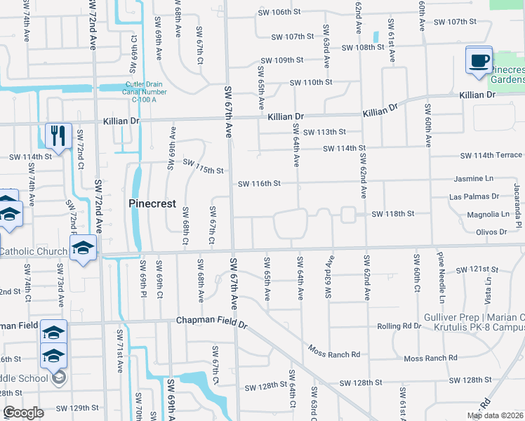 map of restaurants, bars, coffee shops, grocery stores, and more near 6601 Southwest 118th Street in Miami