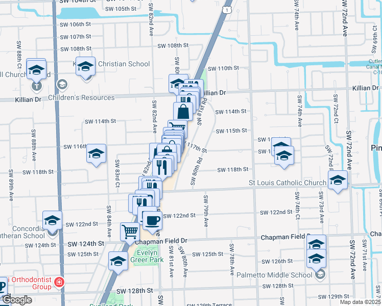 map of restaurants, bars, coffee shops, grocery stores, and more near 11713 Southwest 81st Road in Miami