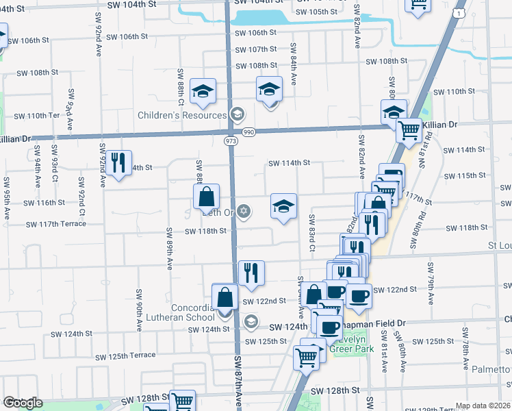 map of restaurants, bars, coffee shops, grocery stores, and more near 8540 Southwest 116th Street in Miami