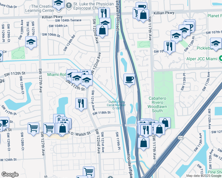 map of restaurants, bars, coffee shops, grocery stores, and more near 12020 Southwest 110th Street Circle East in Miami