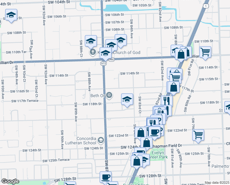 map of restaurants, bars, coffee shops, grocery stores, and more near 8540 Southwest 116th Street in Miami