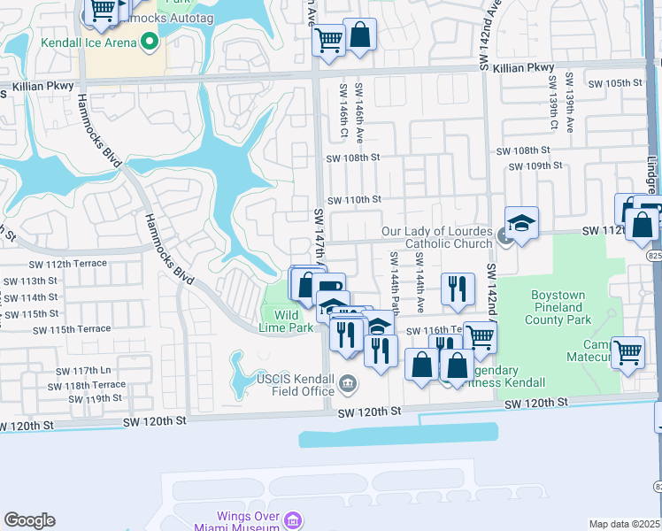 map of restaurants, bars, coffee shops, grocery stores, and more near 14618 Southwest 113th Street in Miami