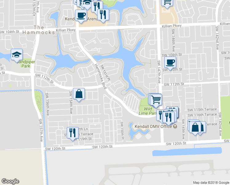 map of restaurants, bars, coffee shops, grocery stores, and more near 11949 Southwest 151st Place in Miami