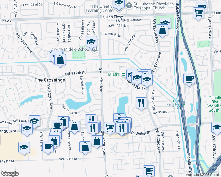 map of restaurants, bars, coffee shops, grocery stores, and more near 12510 Southwest 114th Terrace in Miami