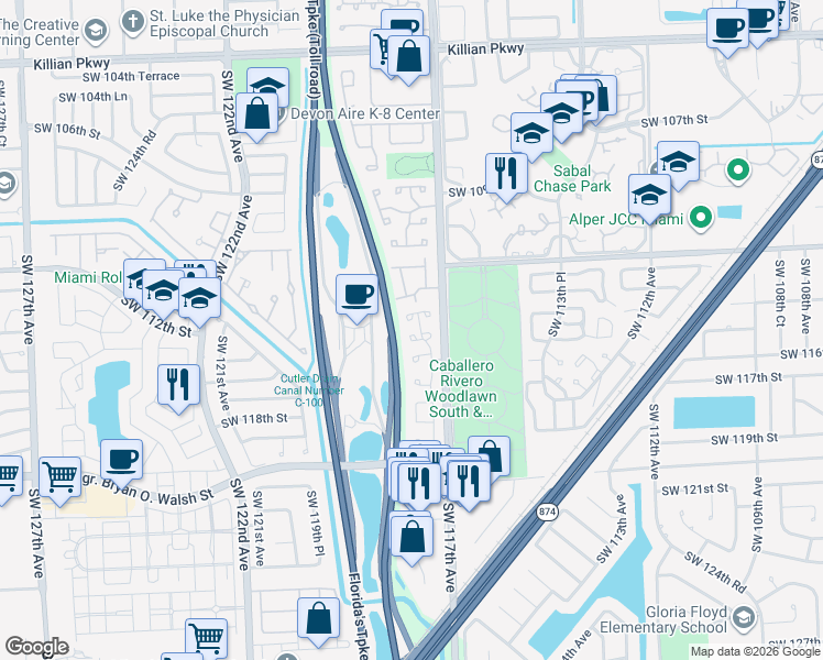 map of restaurants, bars, coffee shops, grocery stores, and more near 11735 Southwest 114th Terrace in Miami