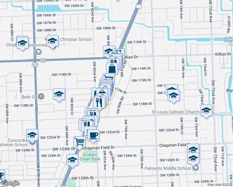 map of restaurants, bars, coffee shops, grocery stores, and more near 11713 Southwest 81st Road in Miami