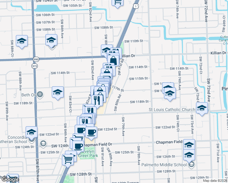 map of restaurants, bars, coffee shops, grocery stores, and more near 11713 Southwest 81st Road in Miami