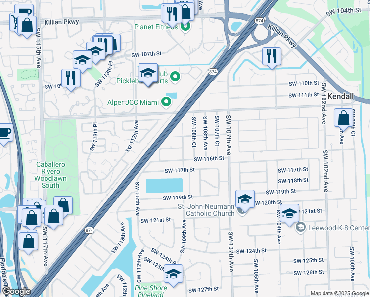 map of restaurants, bars, coffee shops, grocery stores, and more near 11505 Southwest 109th Avenue in Miami