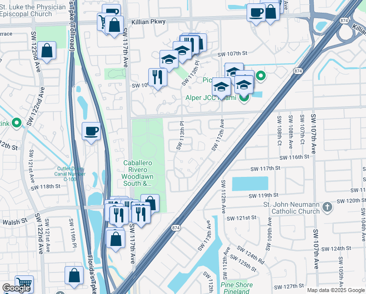 map of restaurants, bars, coffee shops, grocery stores, and more near 11341 Southwest 114th Circle Terrace in Miami