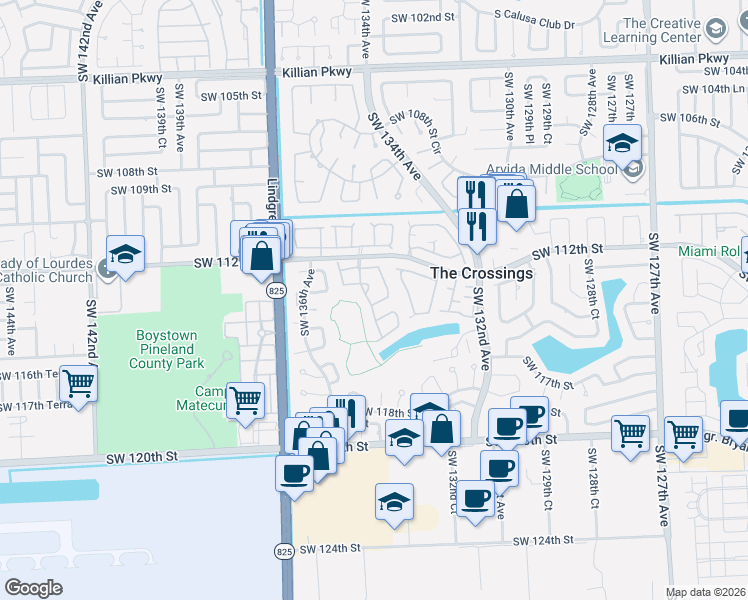 map of restaurants, bars, coffee shops, grocery stores, and more near 13399 Southwest 114th Terrace in Miami