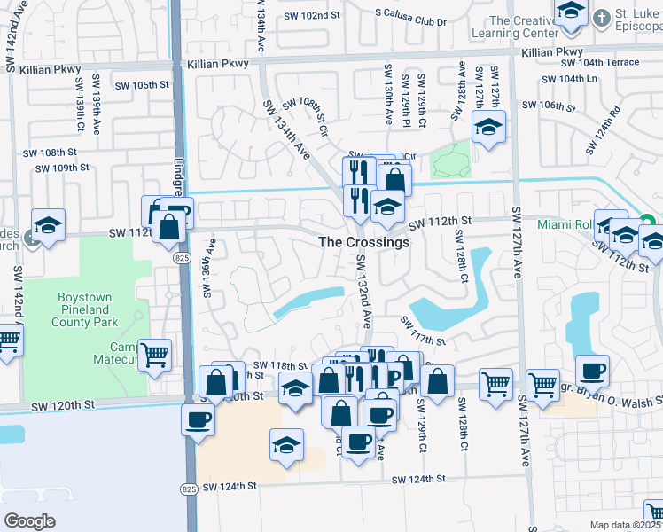 map of restaurants, bars, coffee shops, grocery stores, and more near 11248 Southwest 132nd Court West in Miami
