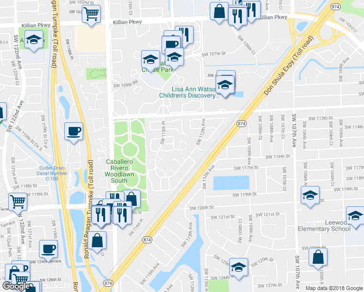 map of restaurants, bars, coffee shops, grocery stores, and more near 11212 Southwest 114th Lane Circle in Miami