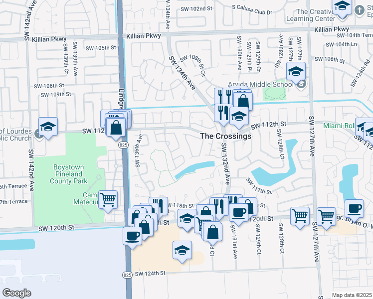 map of restaurants, bars, coffee shops, grocery stores, and more near 11342 Southwest 133rd Court in Miami