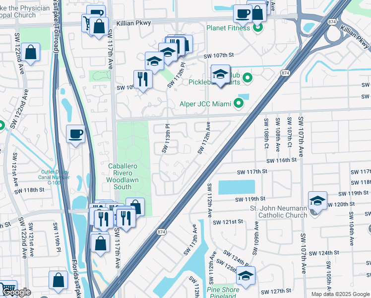 map of restaurants, bars, coffee shops, grocery stores, and more near 11212 Southwest 114th Lane Circle in Miami