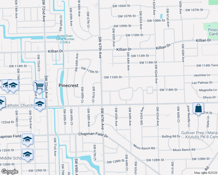 map of restaurants, bars, coffee shops, grocery stores, and more near 6601 Southwest 118th Street in Miami