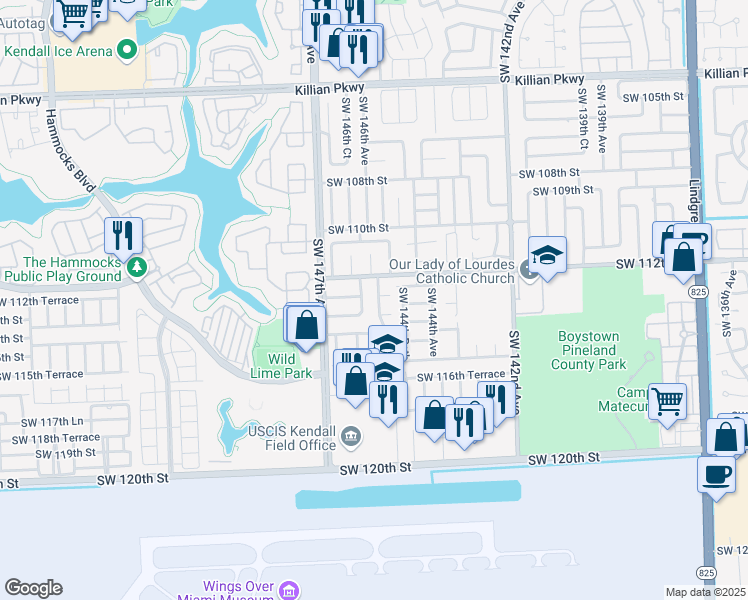 map of restaurants, bars, coffee shops, grocery stores, and more near 11310 Southwest 145th Avenue in Miami