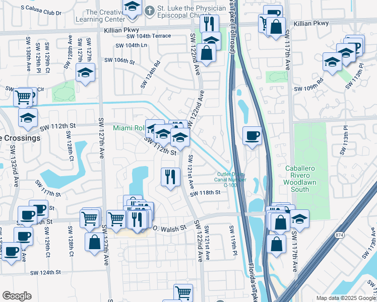 map of restaurants, bars, coffee shops, grocery stores, and more near 11540 SW 121st Ave in Miami