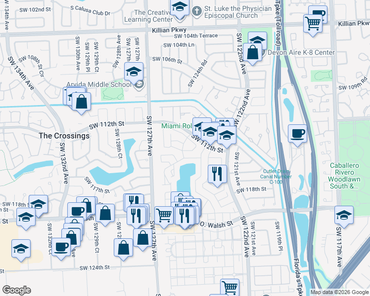 map of restaurants, bars, coffee shops, grocery stores, and more near 12345 Southwest 114th Terrace in Miami