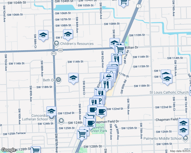 map of restaurants, bars, coffee shops, grocery stores, and more near 8245 SW 116th Terrace in Miami