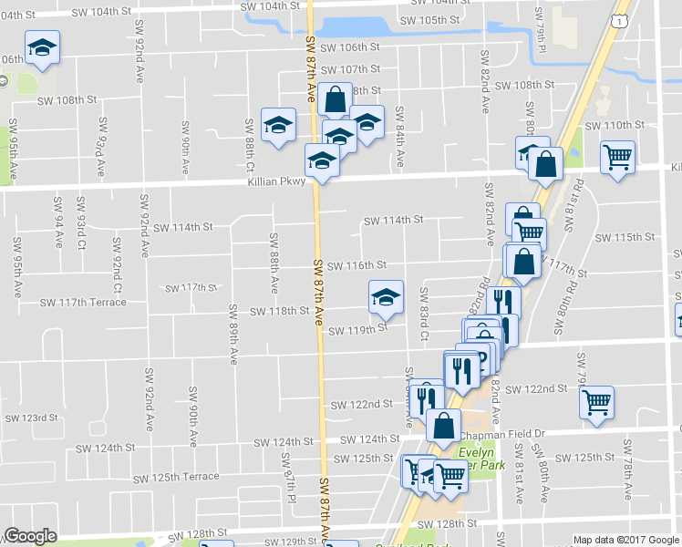 map of restaurants, bars, coffee shops, grocery stores, and more near 8540 Southwest 116th Street in Miami