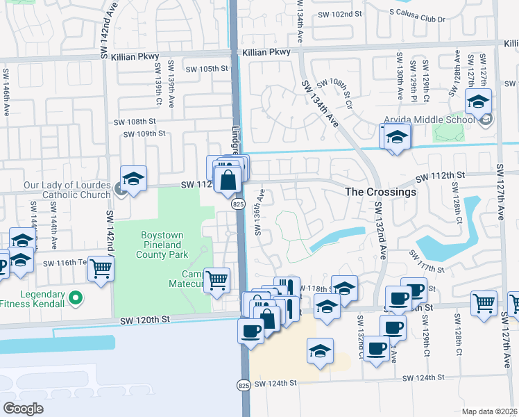 map of restaurants, bars, coffee shops, grocery stores, and more near 13594 Southwest 113th Terrace in Miami
