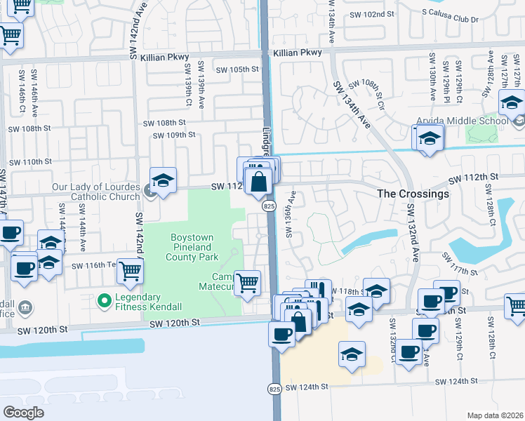 map of restaurants, bars, coffee shops, grocery stores, and more near 13733 Southwest 134th Court in Miami