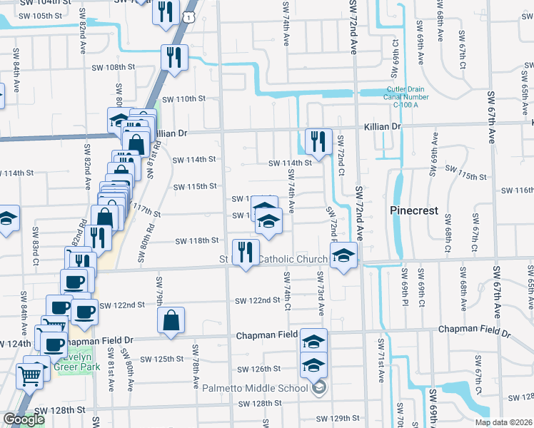 map of restaurants, bars, coffee shops, grocery stores, and more near 7480 Southwest 117th Street in Pinecrest
