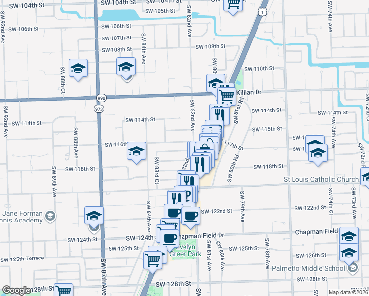 map of restaurants, bars, coffee shops, grocery stores, and more near 8245 Southwest 116th Terrace in Miami