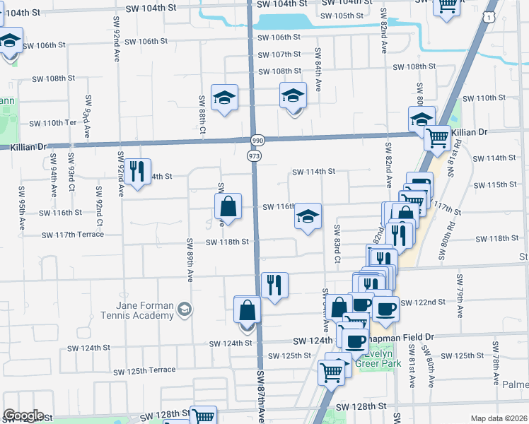 map of restaurants, bars, coffee shops, grocery stores, and more near 11601 Southwest 87th Avenue in Miami