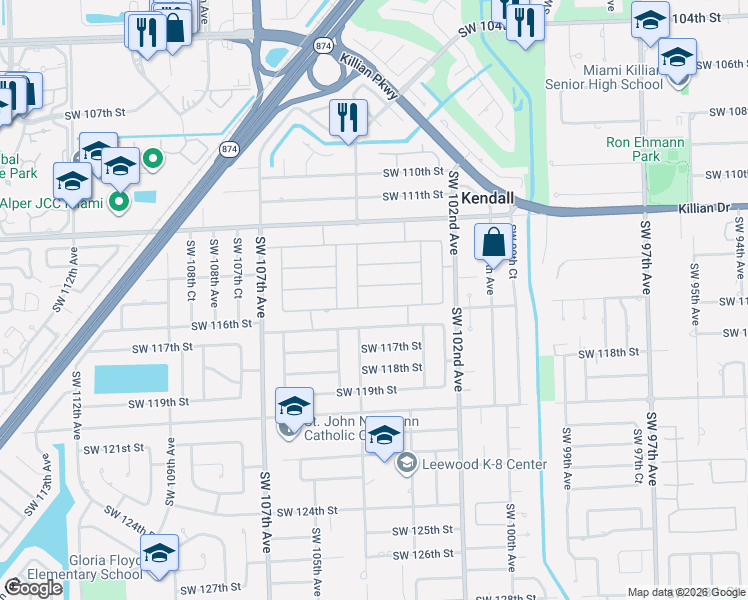 map of restaurants, bars, coffee shops, grocery stores, and more near 10373 Southwest 115th Street in Miami