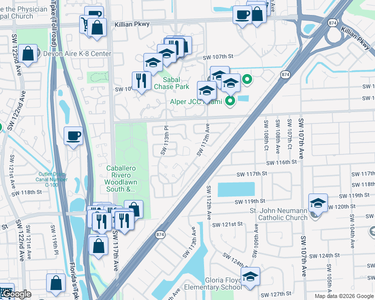 map of restaurants, bars, coffee shops, grocery stores, and more near 11212 Southwest 114th Lane Circle in Miami