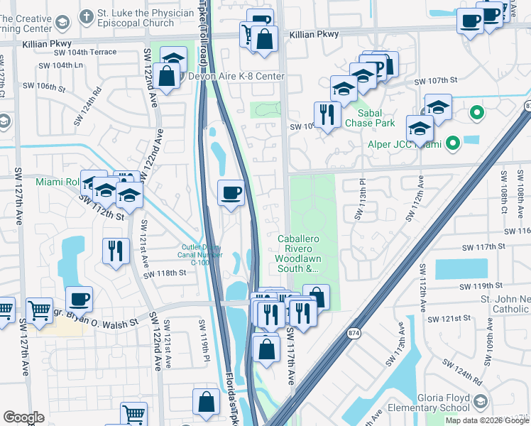 map of restaurants, bars, coffee shops, grocery stores, and more near 11735 Southwest 114th Terrace in Miami